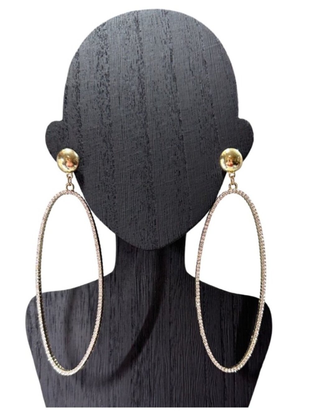 Large Gold Tone Rhinestone Oval Hoop Earrings With Push Back Closure NWOT